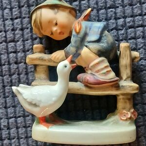 Goebel Blue and White Child with Goose Figurine Vintage 1970s Germany VGC
